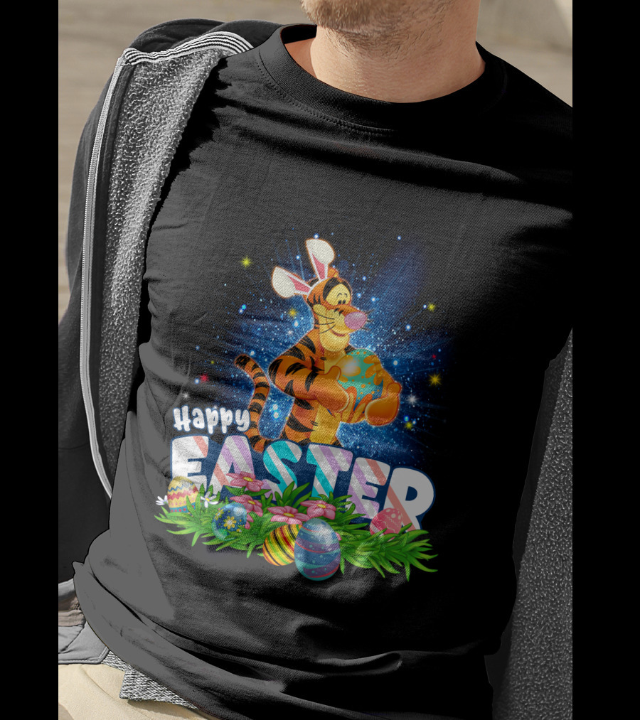 Tigger Happy Easter With Colorful Eggs And Flowers T-Shirt