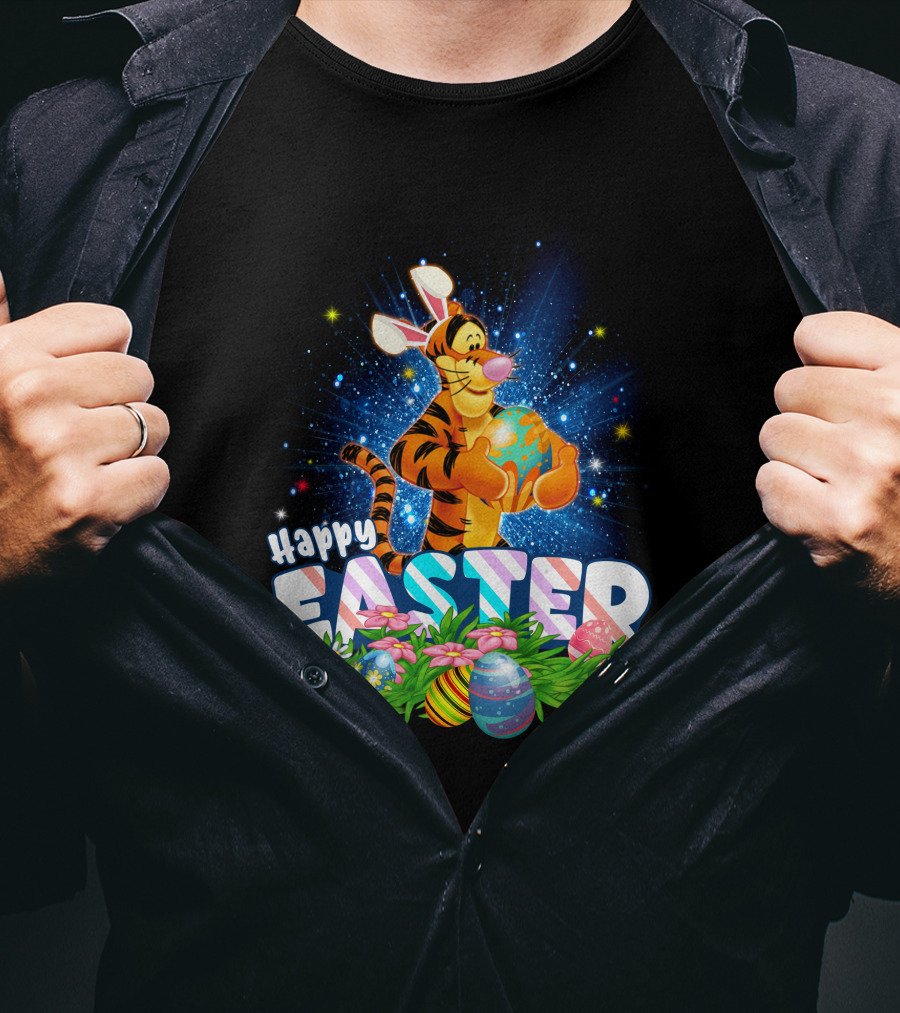 Tigger Happy Easter With Colorful Eggs And Flowers T-Shirt