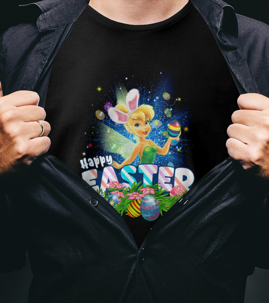 Happy Easter Tinkerbell With Bunny Ears And Colorful Eggs T-Shirt