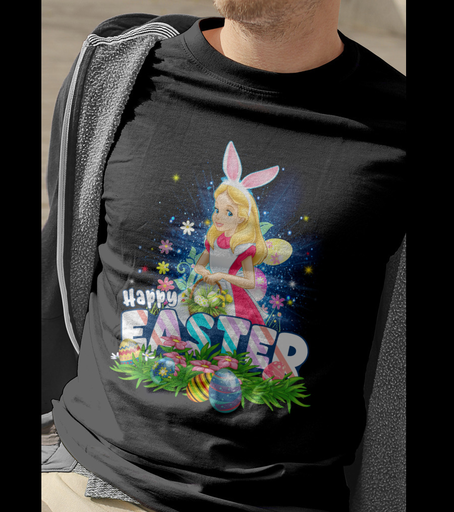 Alice Happy Easter Bunny Ears With Colorful Eggs And Flowers T-Shirt