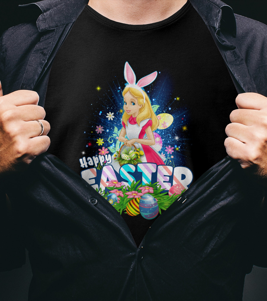 Alice Happy Easter Bunny Ears With Colorful Eggs And Flowers T-Shirt