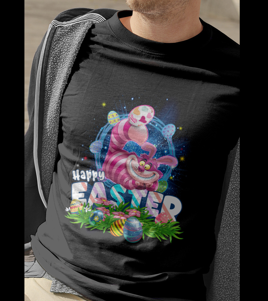 Cheshire Cat Happy Easter Eggs And Flowers T-Shirt