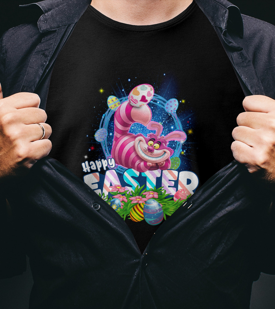 Cheshire Cat Happy Easter Eggs And Flowers T-Shirt