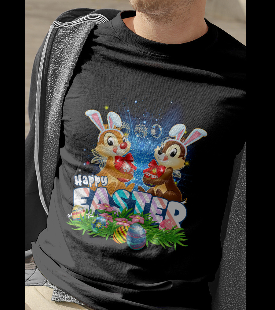 Chip Dale Happy Easter With Bunny Ears And Colorful Eggs T-Shirt