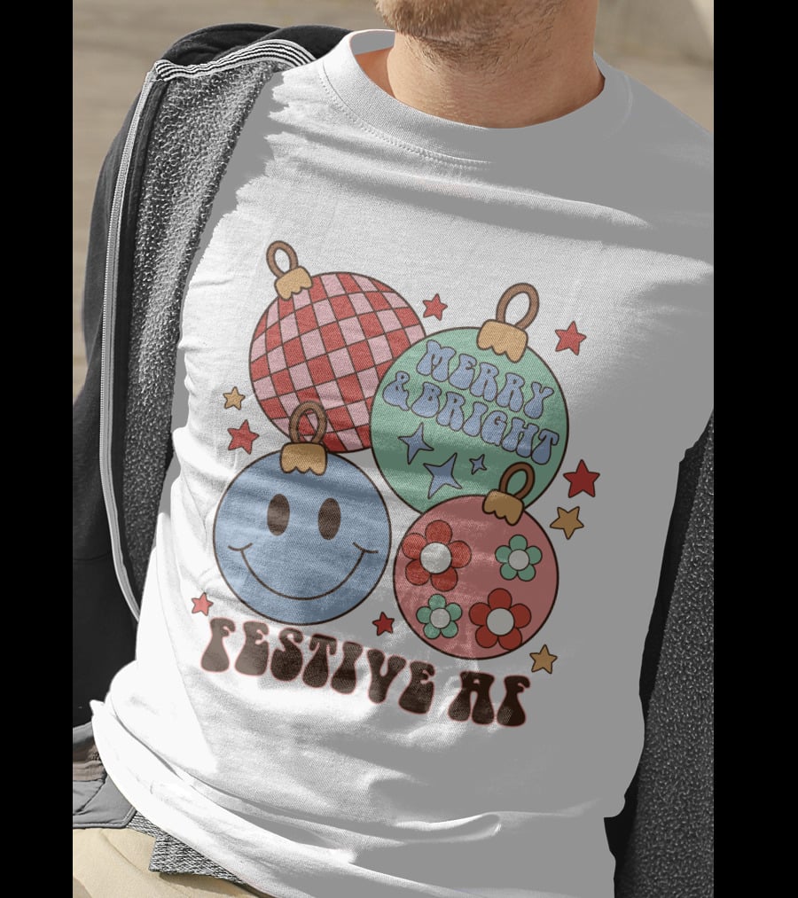 Festive AF Merry And Bright Smiley Ornaments T-Shirt