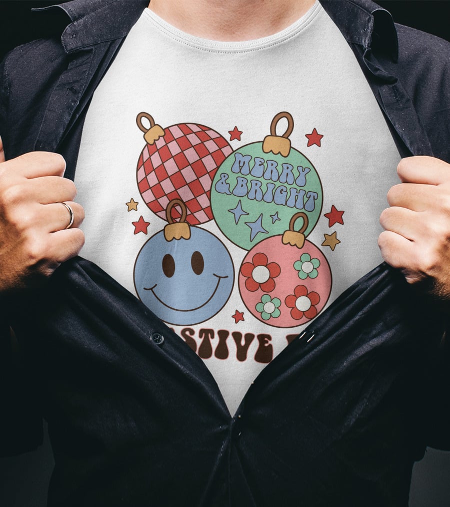 Festive AF Merry And Bright Smiley Ornaments T-Shirt