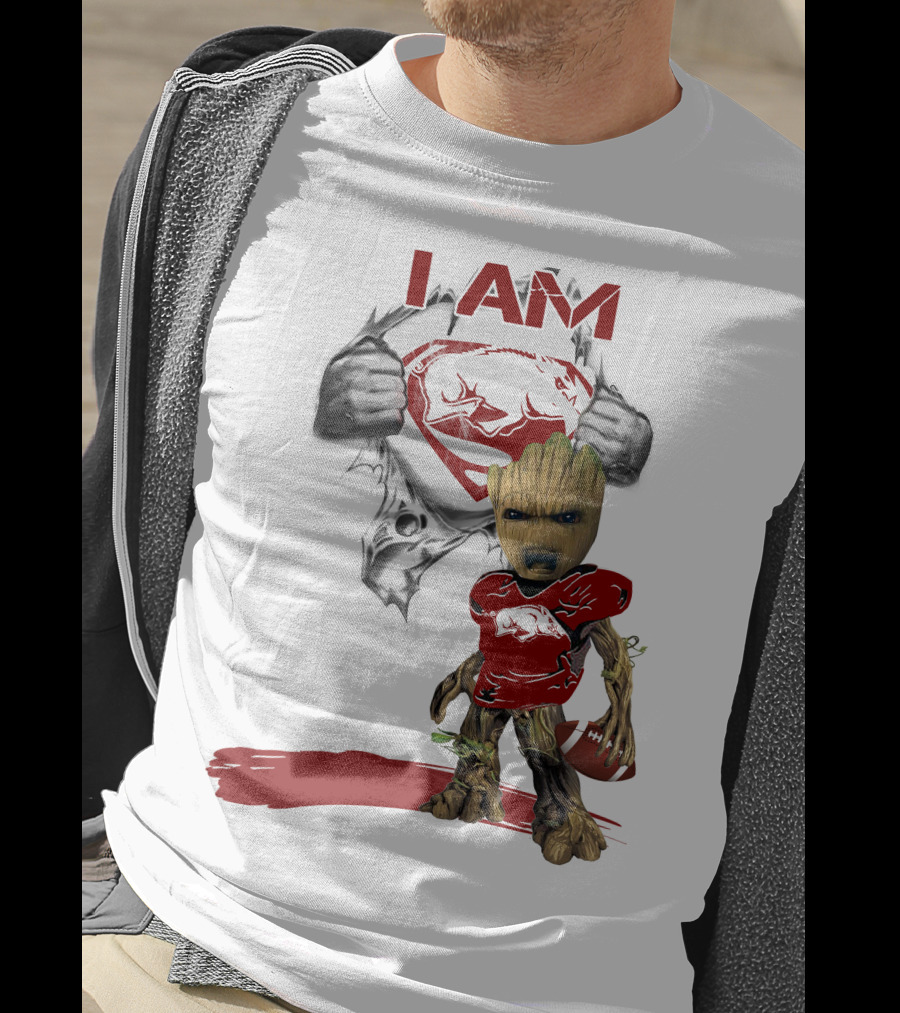 I AM Arkansas Razorbacks Baby Groot Superman T-Shirt