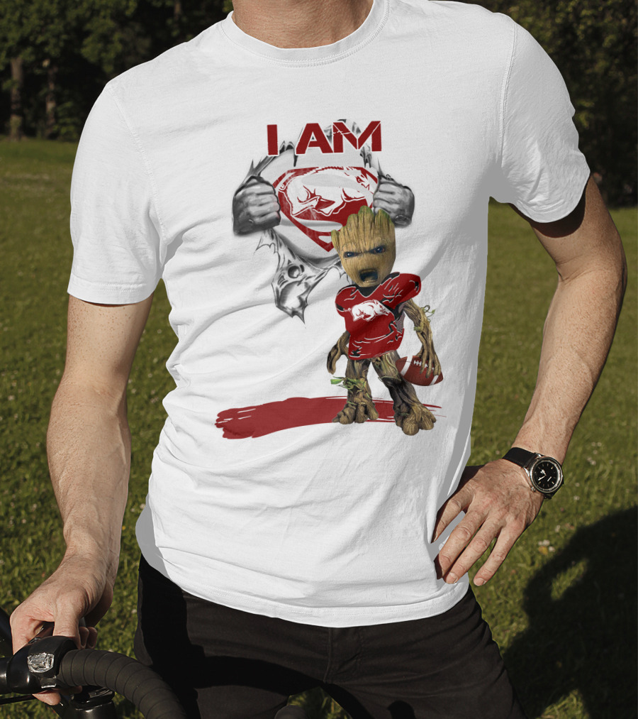 I AM Arkansas Razorbacks Baby Groot Superman T-Shirt