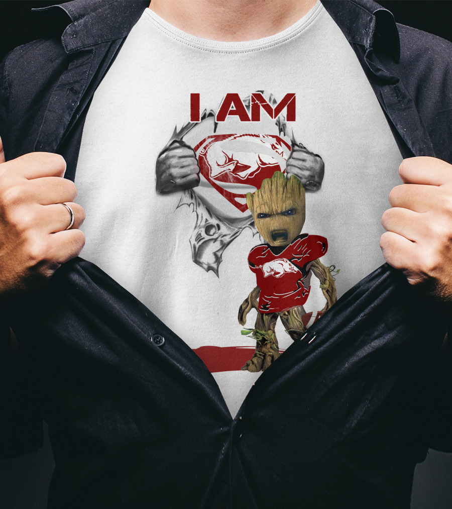 I AM Arkansas Razorbacks Baby Groot Superman T-Shirt