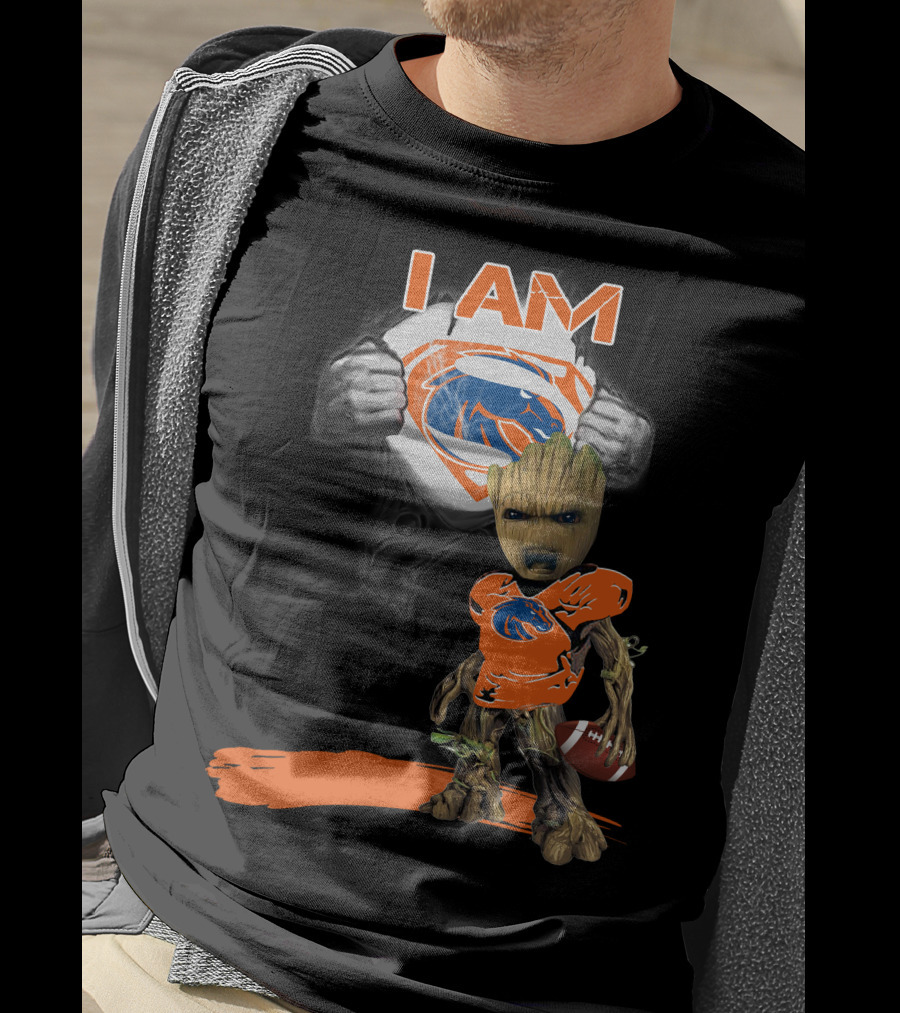Boise State Broncos Baby Groot Superman I Am Football Fan T-Shirt
