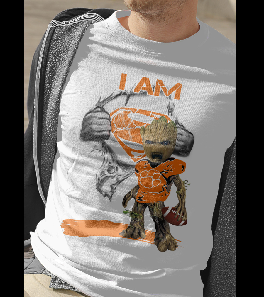 I Am Clemson Baby Groot Superman Football T-Shirt
