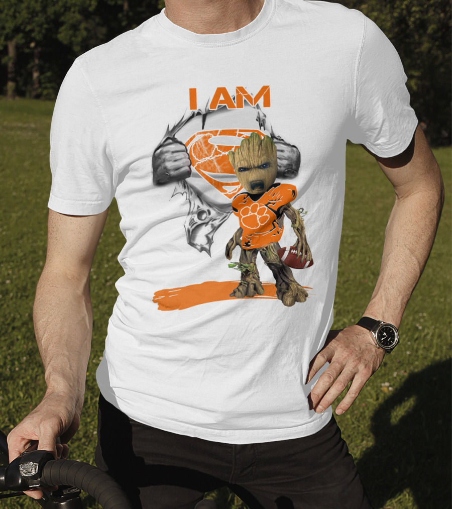 I Am Clemson Baby Groot Superman Football T-Shirt