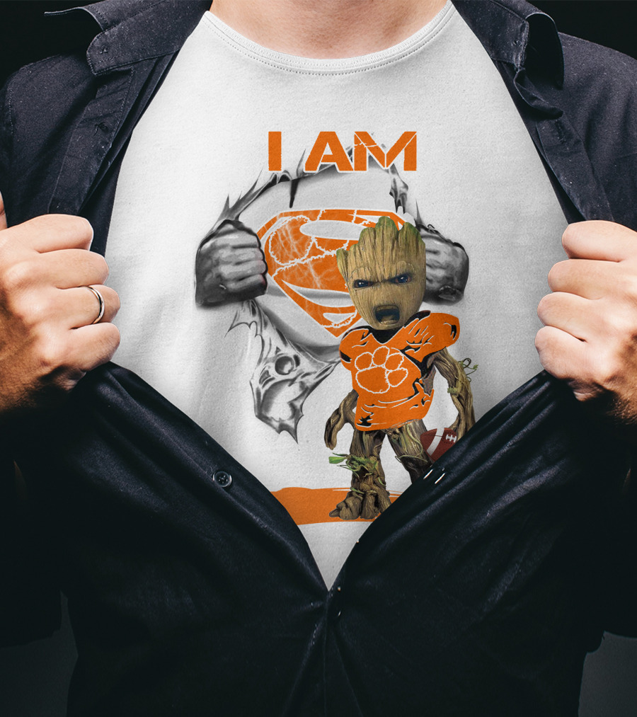 I Am Clemson Baby Groot Superman Football T-Shirt