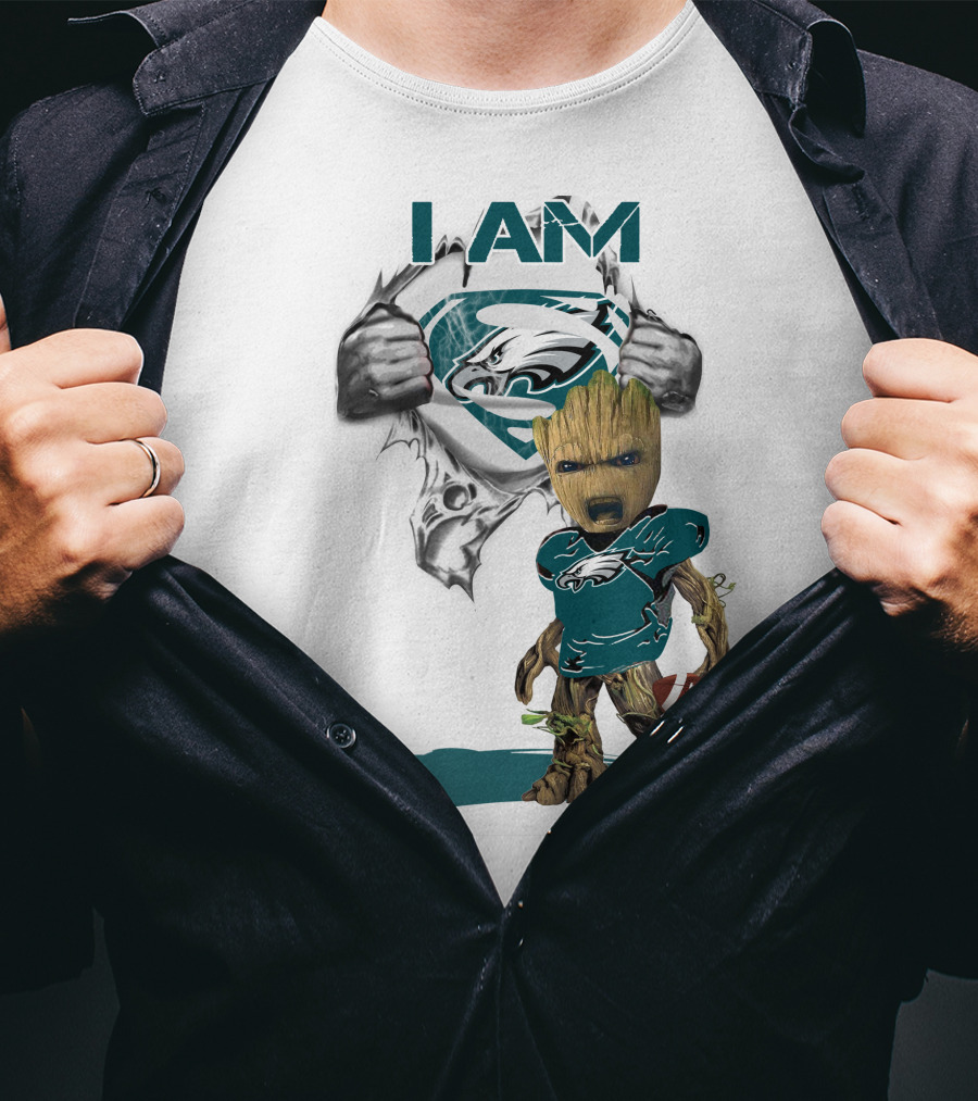 I Am Eagles Baby Groot Superman Football Fan T-Shirt