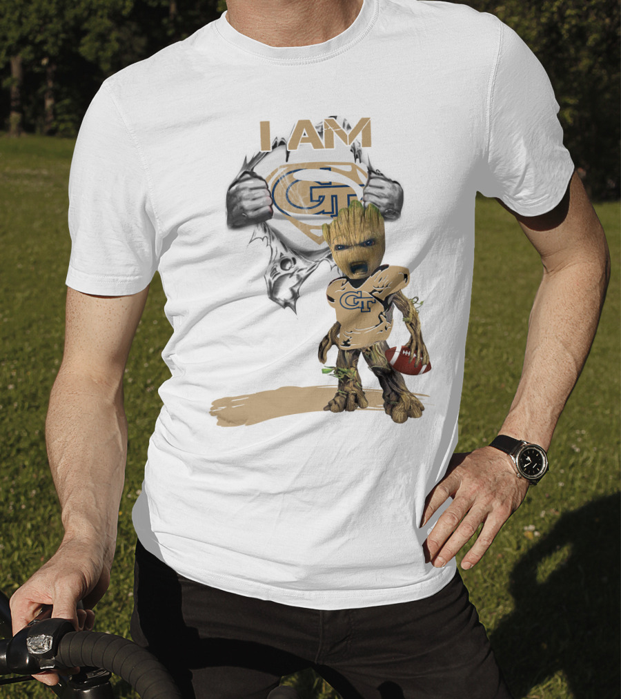 I AM Georgia Tech Baby Groot Superman Football T-Shirt