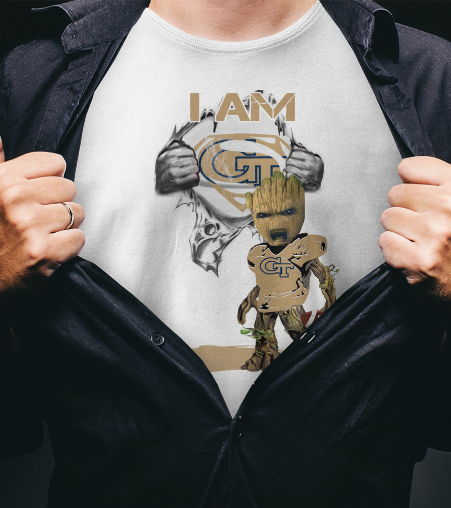 I AM Georgia Tech Baby Groot Superman Football T-Shirt