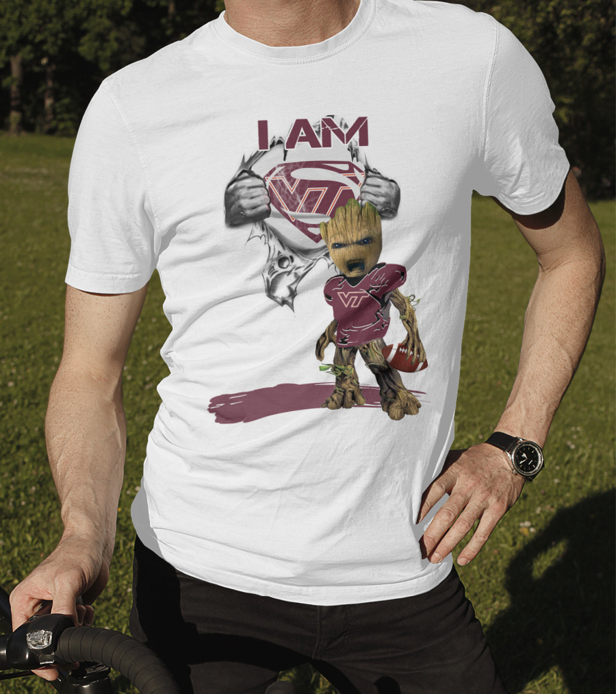 I AM Hokies VT Baby Groot Superman Football T-Shirt