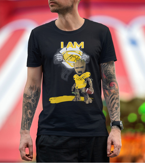Premium T-Shirt: Iowa Hawkeyes Baby Groot Superman Football T-Shirt Iowa Hawkeyes Baby Groot Superman Football T-Shirt