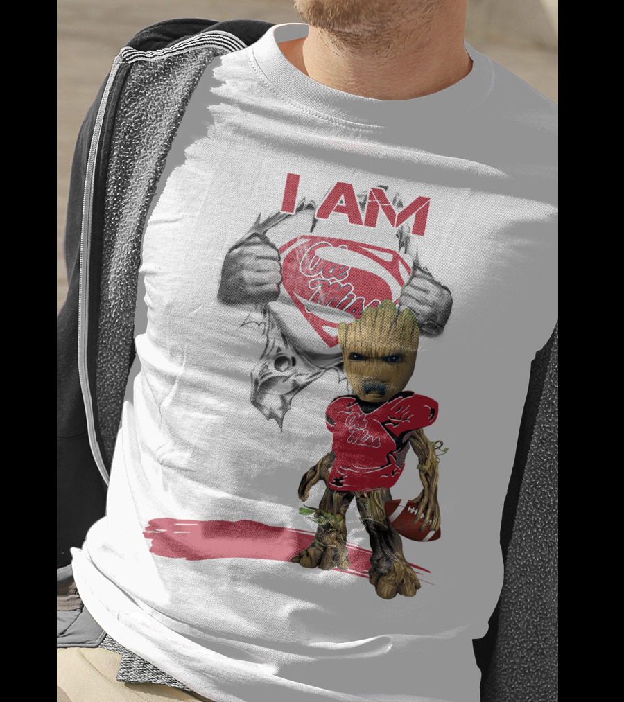 I Am Ole Miss Baby Groot Superman Football Player T-Shirt