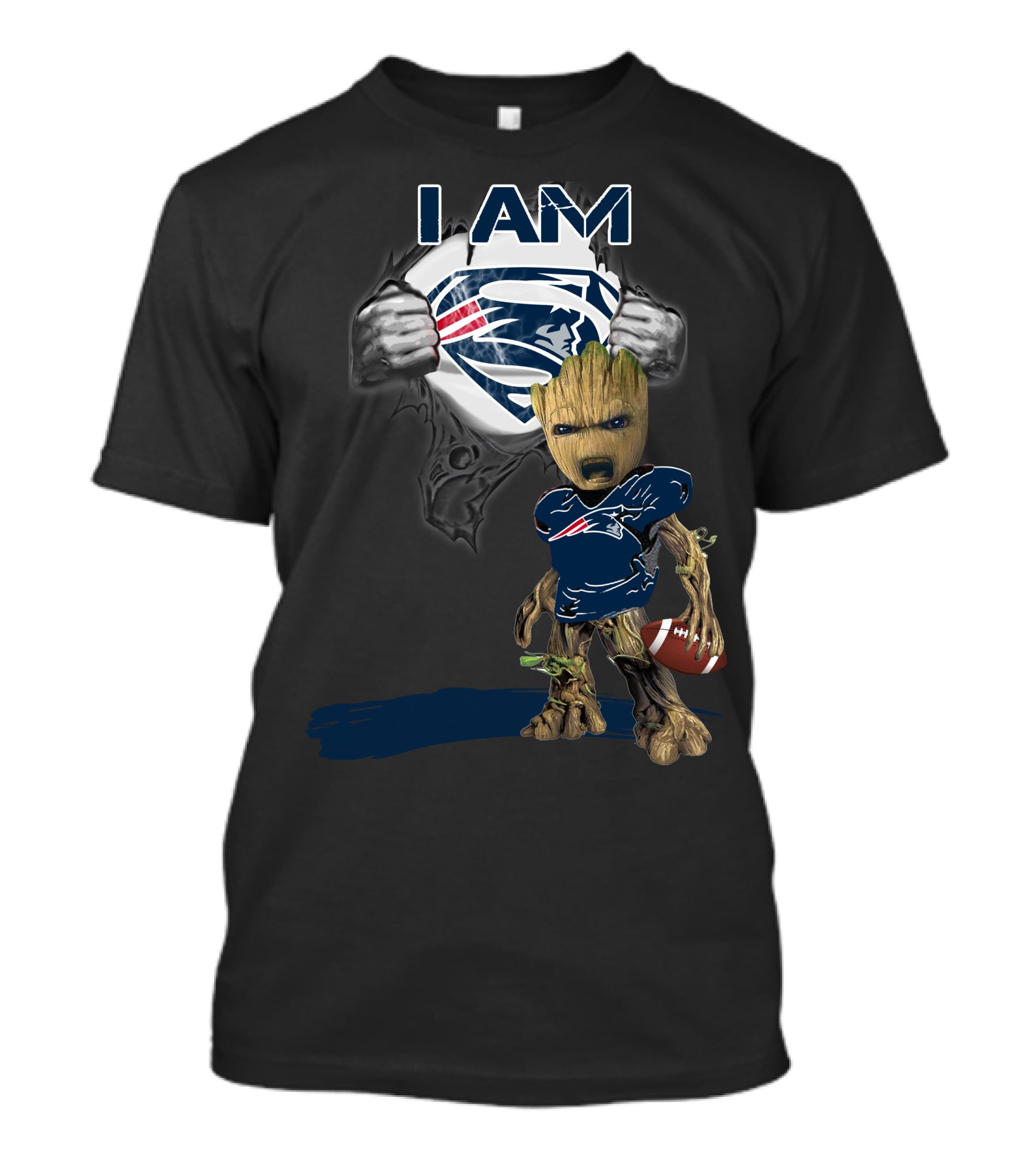 I AM Patriots Baby Groot Superman Football Fan T-Shirt