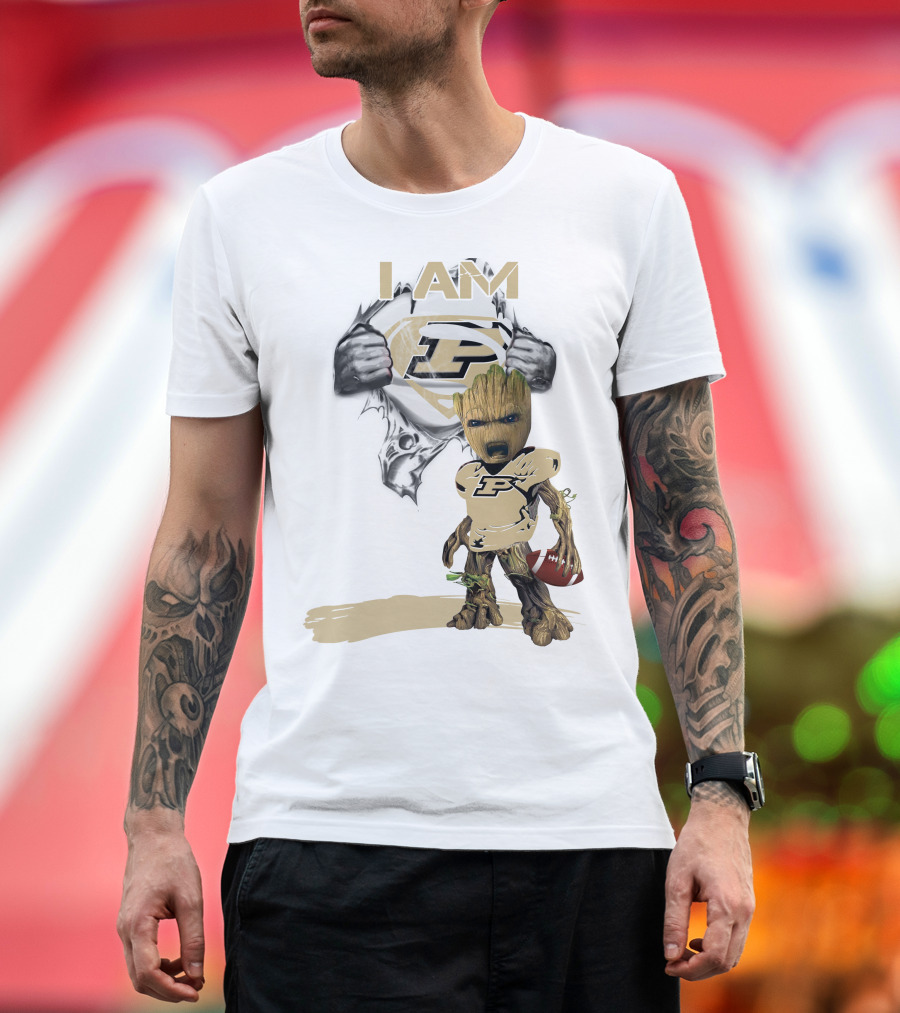 I AM Purdue Baby Groot with Football Superman T-Shirt