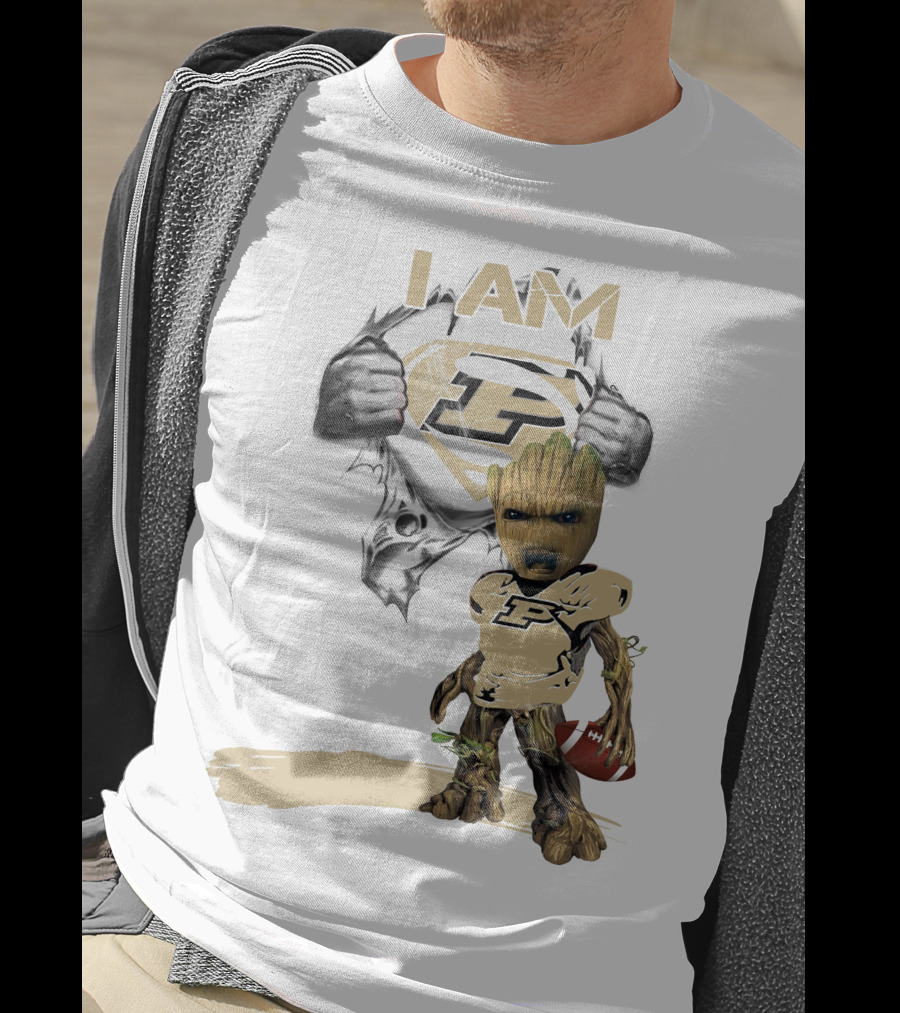 I AM Purdue Baby Groot With Football Superman T-Shirt