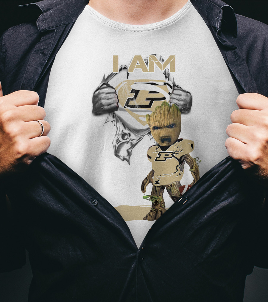 I AM Purdue Baby Groot With Football Superman T-Shirt