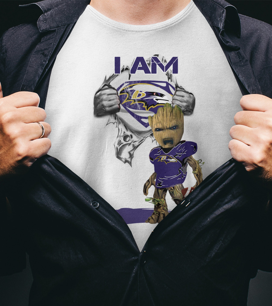 I Am Ravens Baby Groot Superman Football Ravens T-Shirt