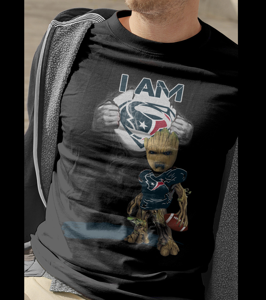 I Am Texans Baby Groot Superman Logo Football T-Shirt