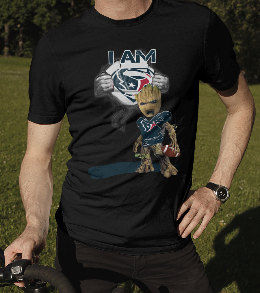 I Am Texans Baby Groot Superman Logo Football T-Shirt