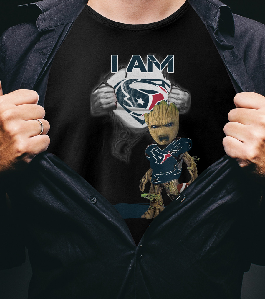 I Am Texans Baby Groot Superman Logo Football T-Shirt