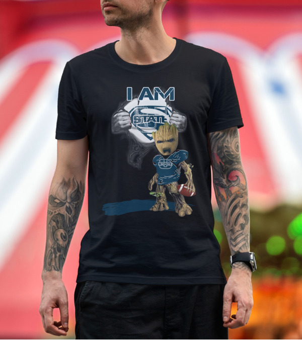 Premium T-Shirt: I AM Utah State Baby Groot Superman Football T-Shirt I AM Utah State Baby Groot Superman Football T-Shirt