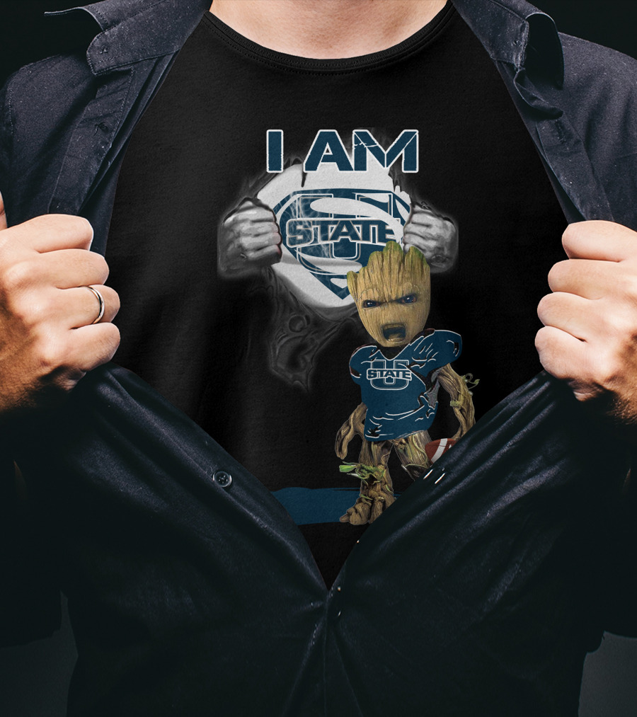 I AM Utah State Baby Groot Superman Football T-Shirt