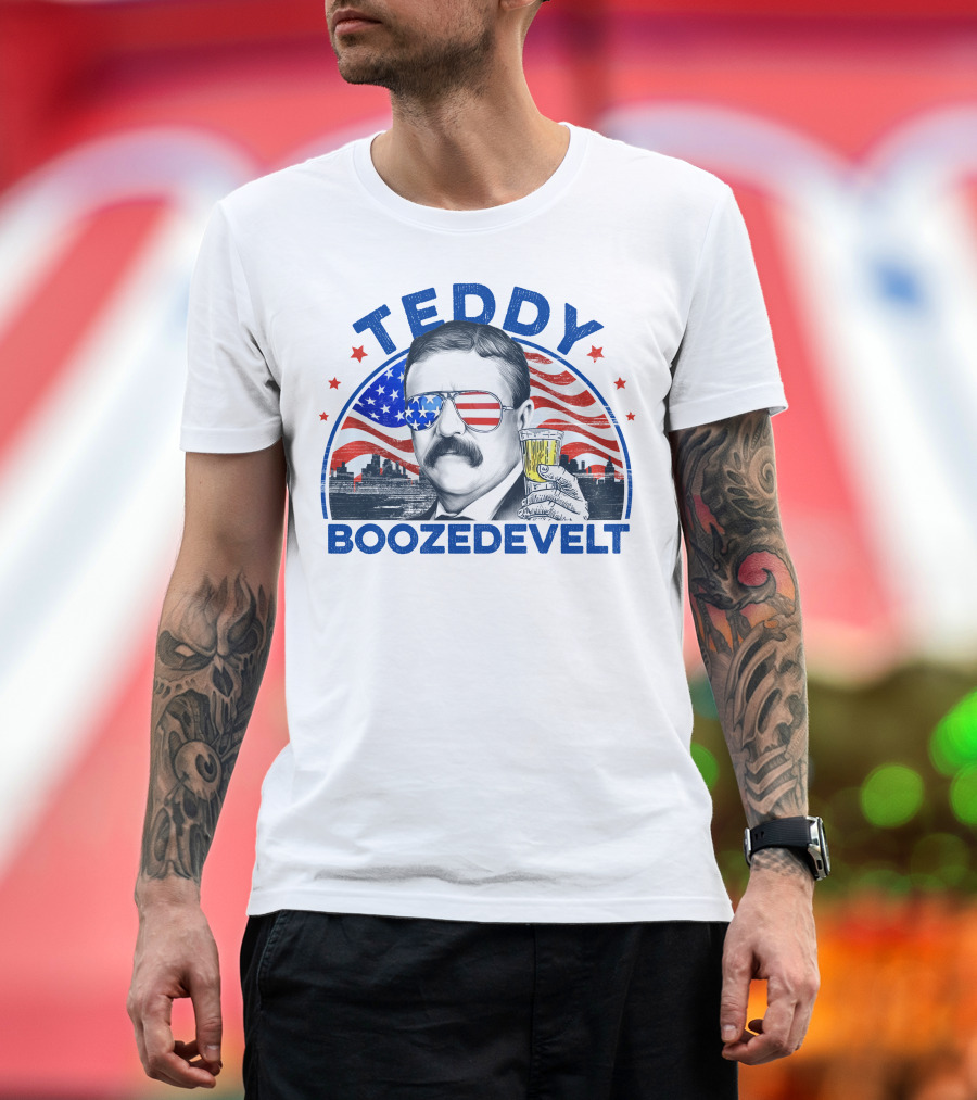 Teddy Boozedevelt Theodore Roosevelt Drink American Flag 4th of July Independence Day T-Shirt