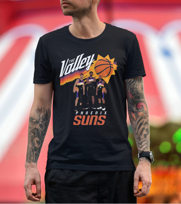 Premium T-Shirt: The Valley Phoenix Suns Basketball Trio with Sunburst T-Shirt The Valley Phoenix Suns Basketball Trio with Sunburst T-Shirt