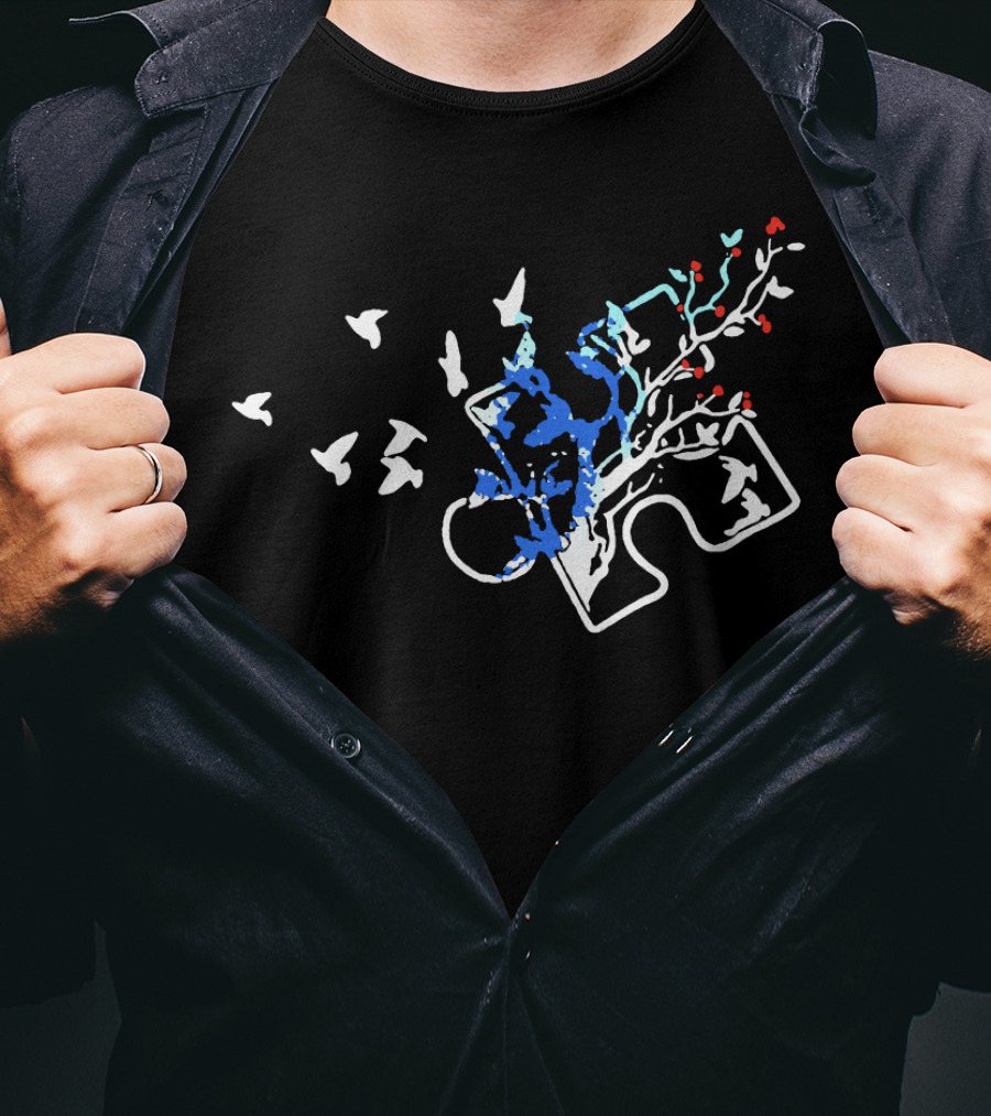 Autism Puzzle Piece With White Birds And Floral Tree Branches T-Shirt