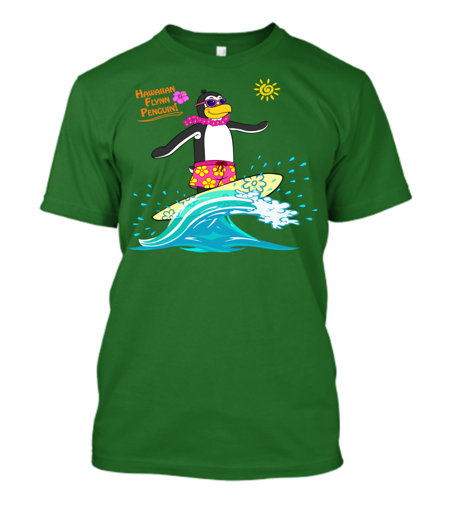 Hawaiian Flynn Penguin Surfing With Floral Lei And Sunglasses T-Shirt