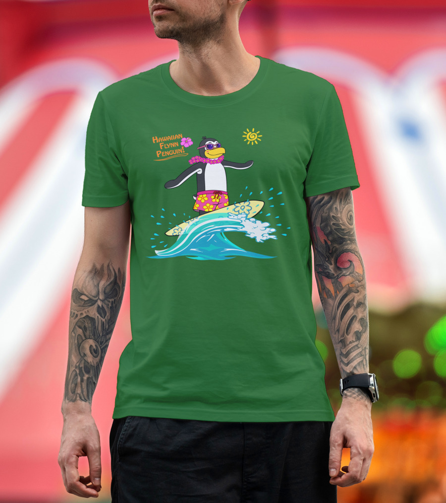 Hawaiian Flynn Penguin Surfing with Floral Lei and Sunglasses T-Shirt
