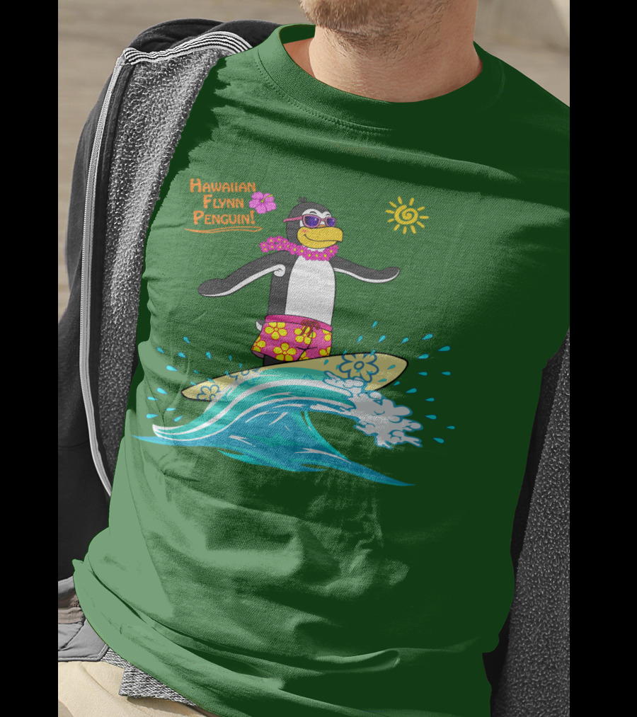 Hawaiian Flynn Penguin Surfing With Floral Lei And Sunglasses T-Shirt