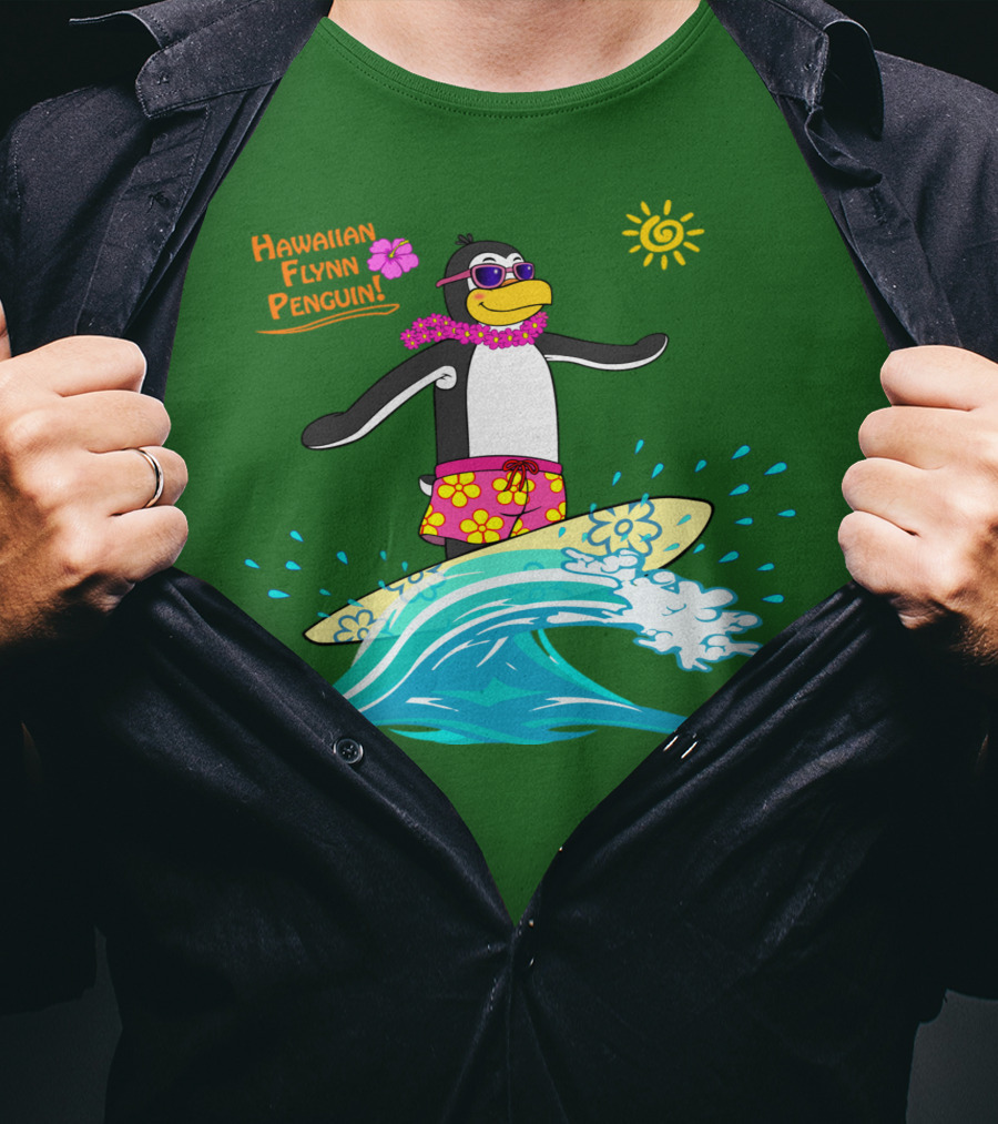 Hawaiian Flynn Penguin Surfing With Floral Lei And Sunglasses T-Shirt