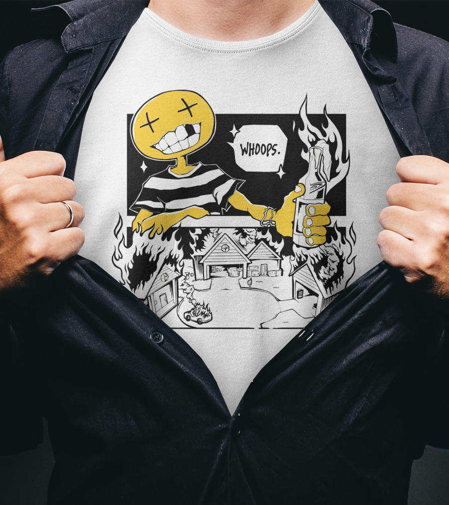 OFFCANNY Whoops Mischievous Grin Burning House Scene T-Shirt