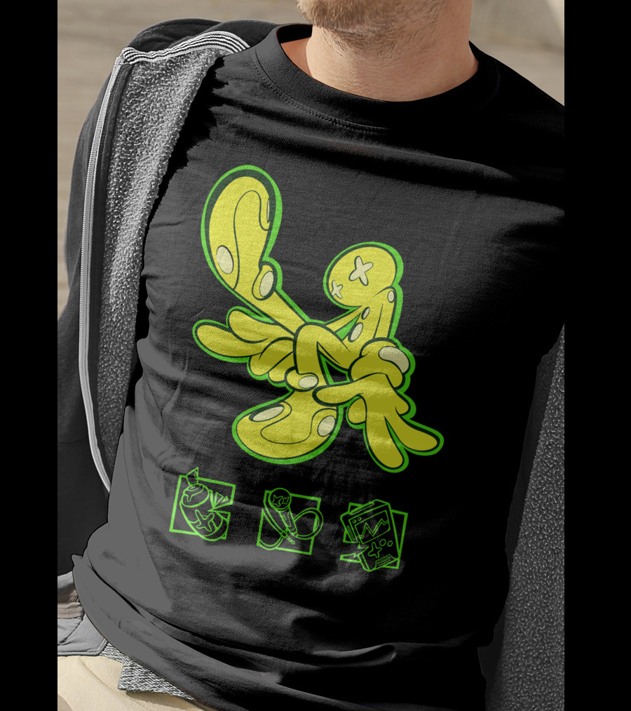 OFFCANNY Neon Cartoon Figure With Iconic Symbols T-Shirt