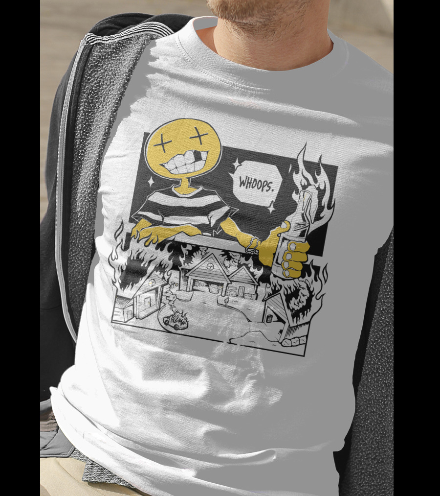 OFFCANNY New Merch Whoops Smiling Figure With Flaming Houses And Bottle T-Shirt