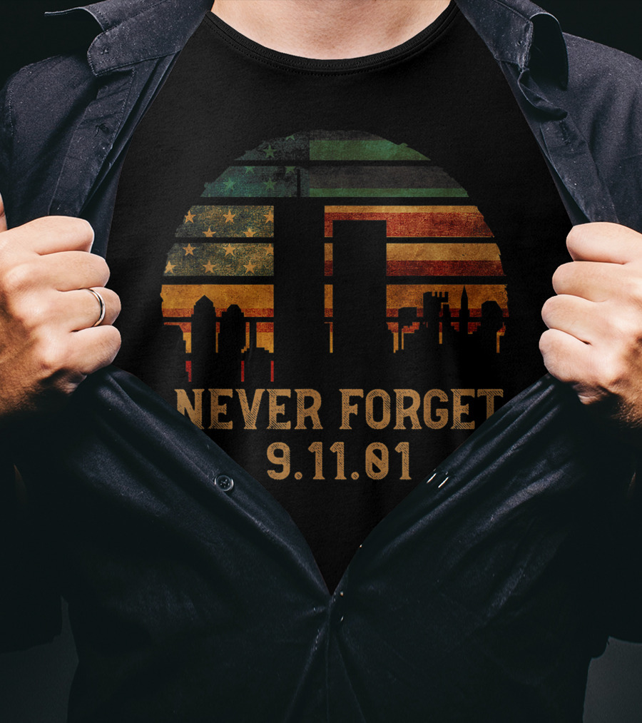 Never Forget 9.11.01 Skyline American Flag T-Shirt
