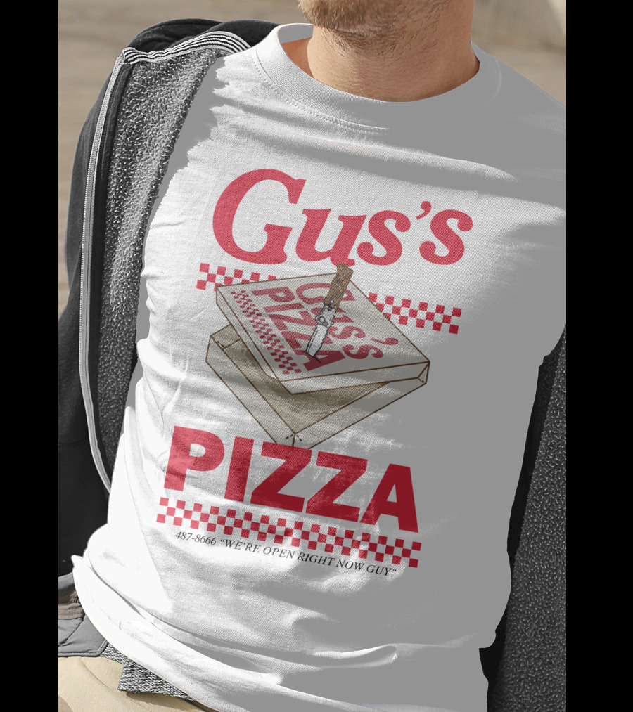 Gus's Pizza Box Knife 487-8666 We're Open Right Now Guy T-Shirt