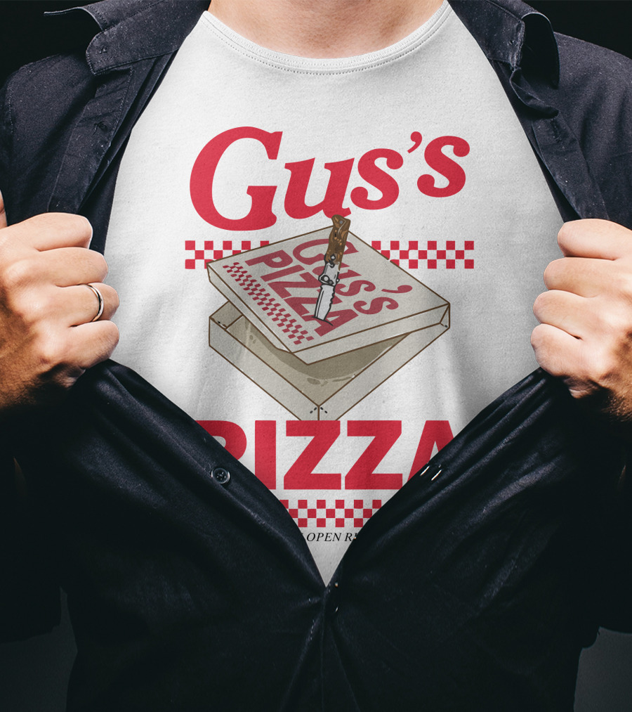 Gus's Pizza Box Knife 487-8666 We're Open Right Now Guy T-Shirt