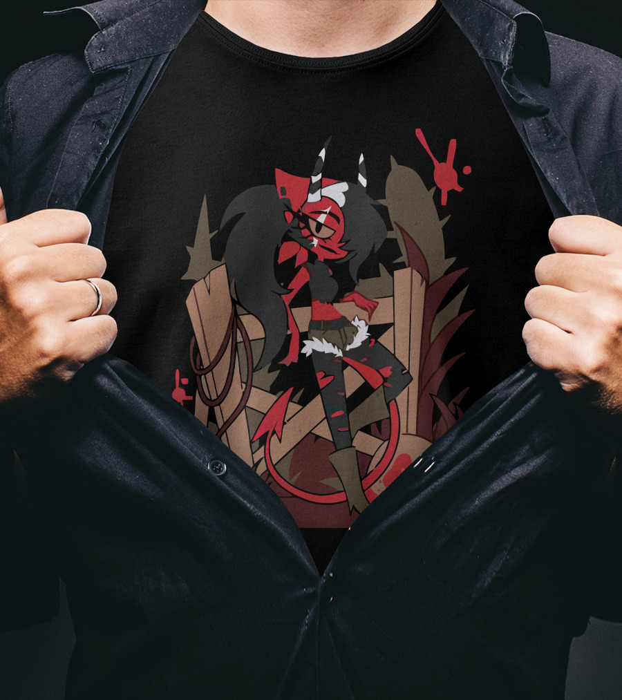 Helluva Boss Character Sitting On Fence With Bag And Red T-Shirt