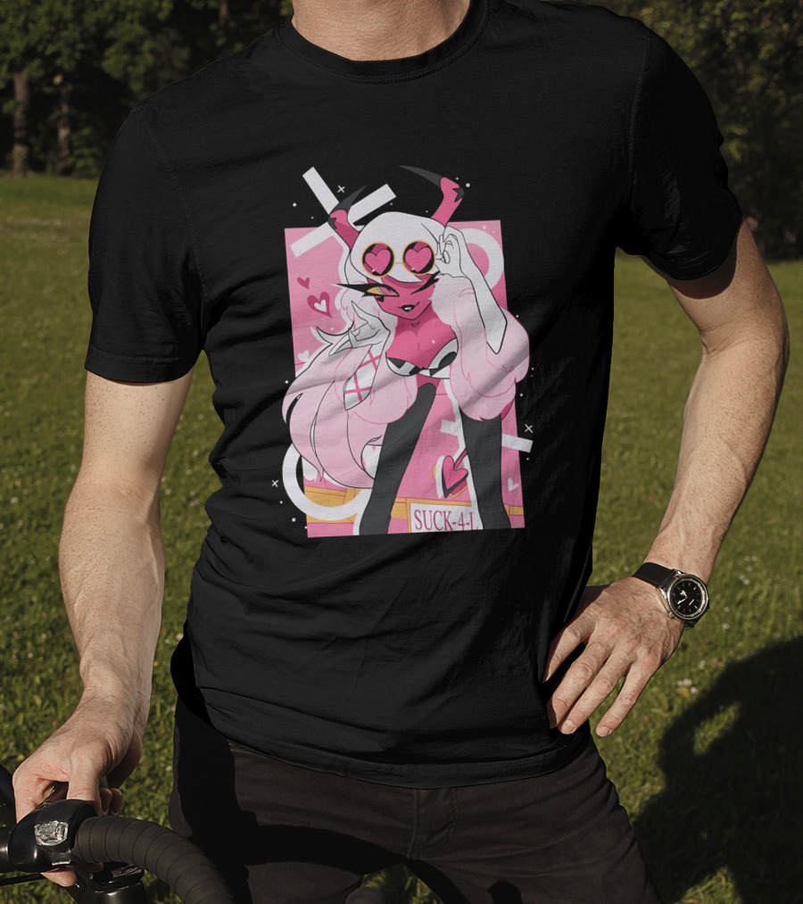 Helluva Boss Mrs Mayberry Suck-4-L<3 Hearts Pink And White Demon Character T-Shirt