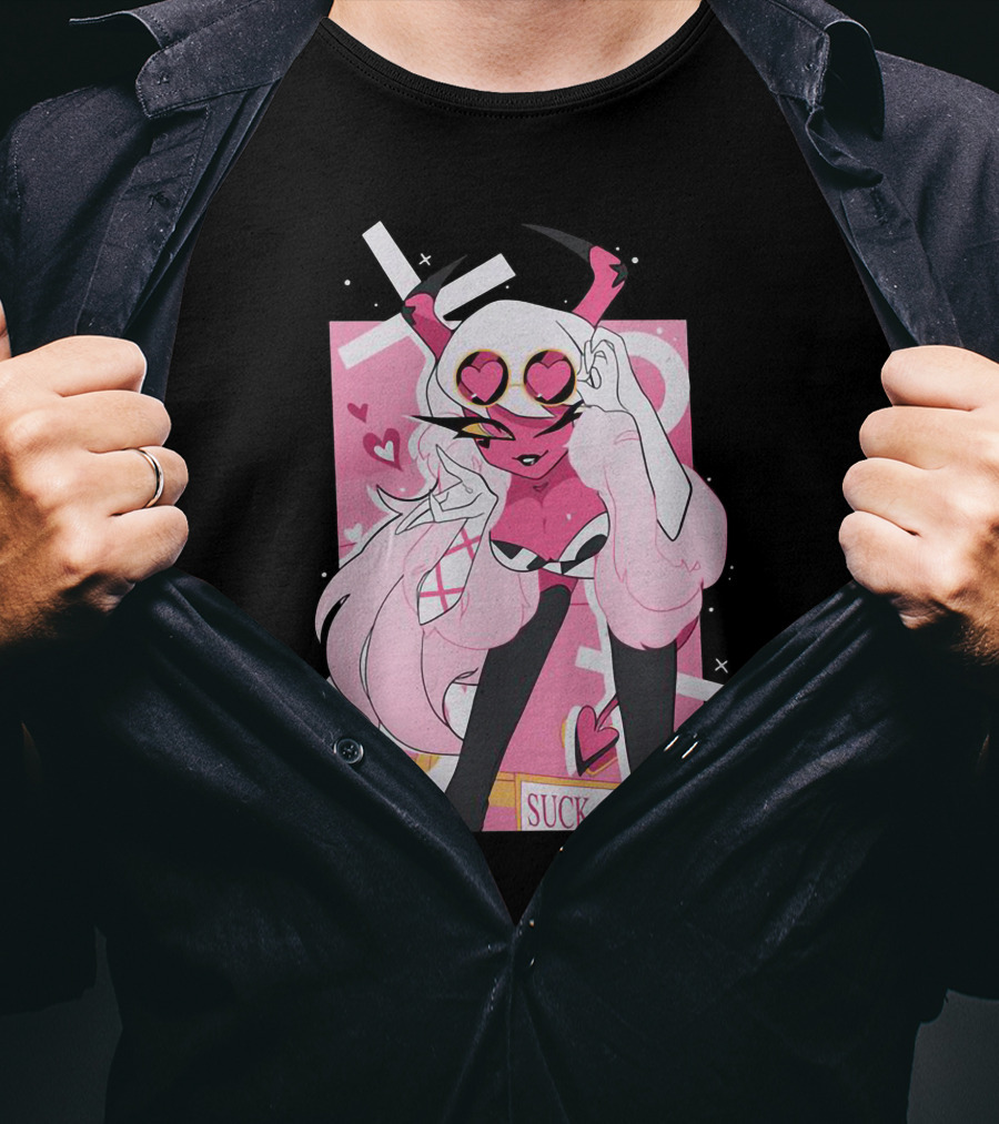 Helluva Boss Mrs Mayberry Suck-4-L<3 Hearts Pink And White Demon Character T-Shirt