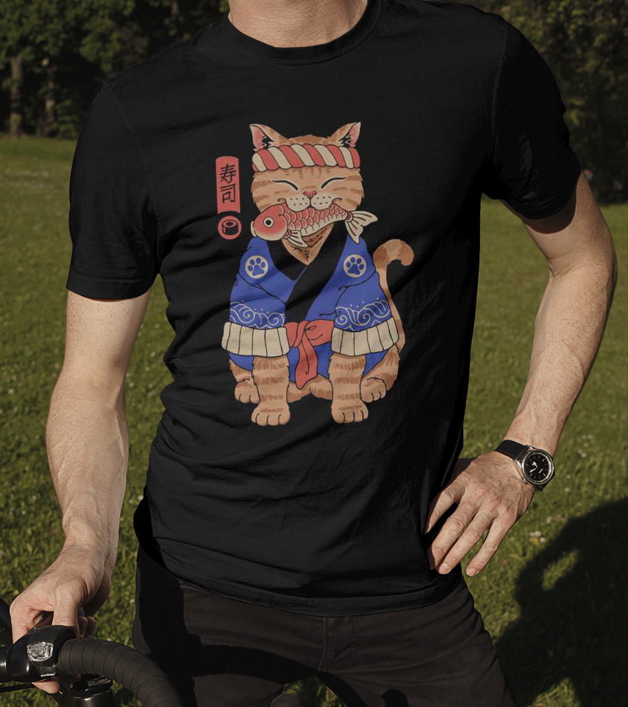 Sushi Cat In Traditional Japanese Outfit With Fish And Kanji T-Shirt
